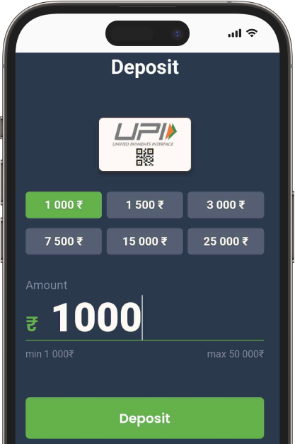 A screenshot of 20bet mobile app depositing with upi
