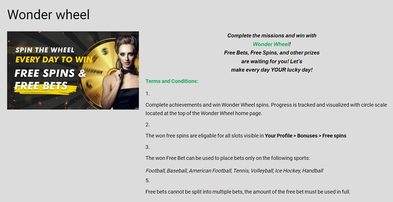 A screenshot showing the wonder wheel offer on ditobet