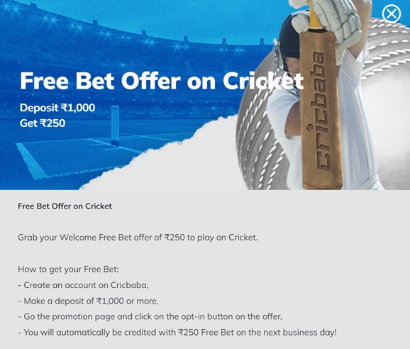 A screenshot showing the free bet offer on Cricbaba