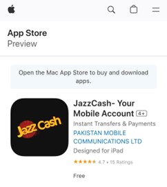 A screenshot of jazzcash app on iOS appstore