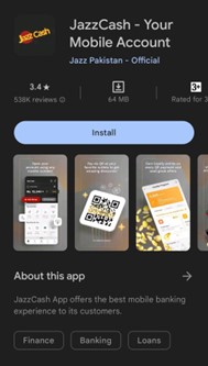 A screenshot of jazzcash app on playstore