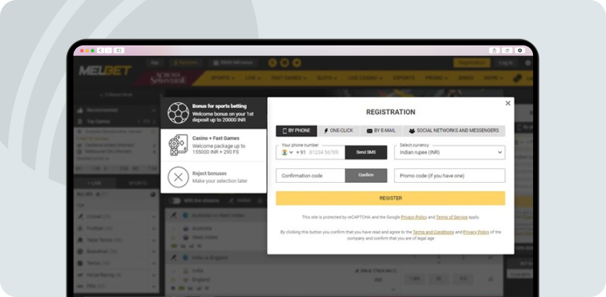 A screenshot of Melbet registration