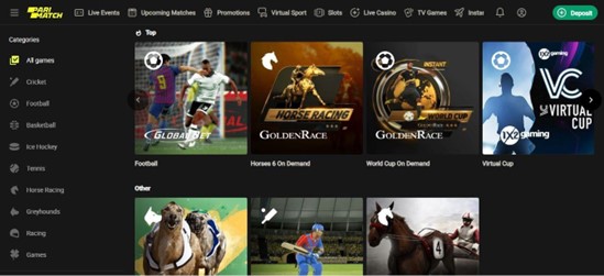 A screenshot of the games available on Parimatch