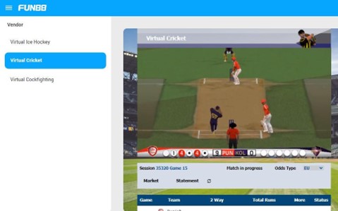 A screenshot of virtual cricket on Fun88