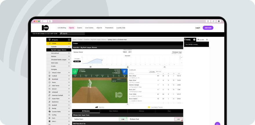 A screenshot showing 10cric cricket market on desktop