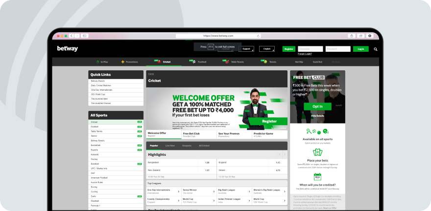 A screenshot of Betway Homepage