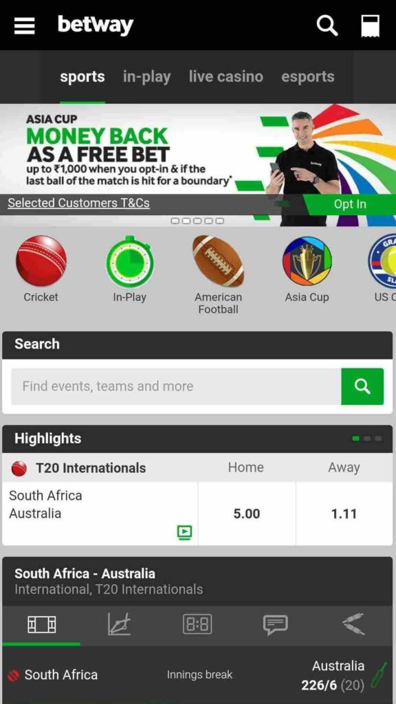 A screenshot taken from betway app showing the sports market