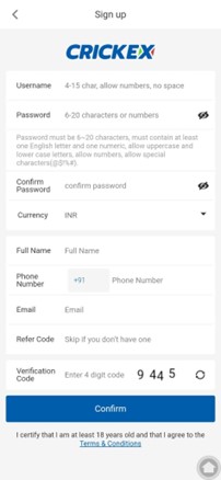 A screenshot taken from crickex app showing the sign up information required