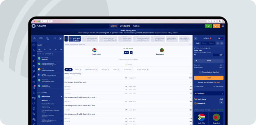 Purewin cricket market on desktop