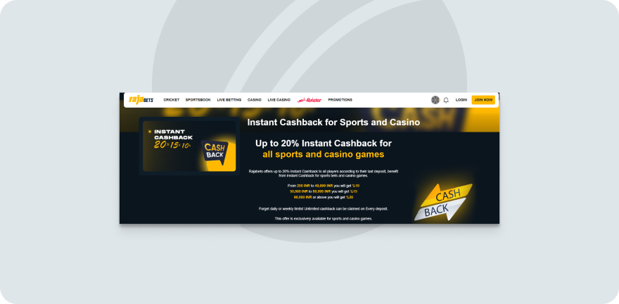 Rajabets Cashback offer