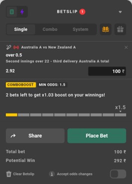 A screenshot taken from rajbet mobile app showing betslip