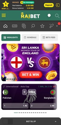 A screenshot of rajbet mobile app homepage