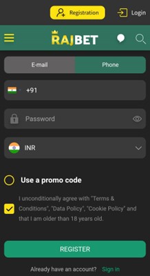 A screenshot taken from rajbet app showing the registration screen