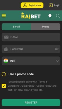 Registration screen on rajbet mobile app