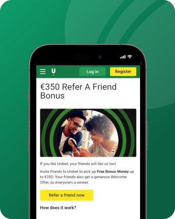 A screenshot of Unibet app showing the refer a friend bonus offer