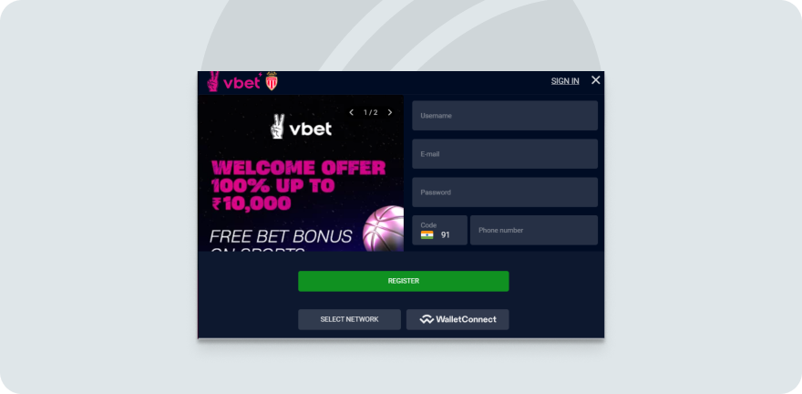 A screenshot of Vbet welcome offer