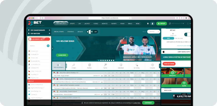 A screenshot of 22bet homepage