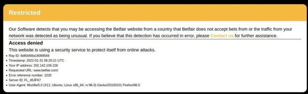 Betfair restriction message