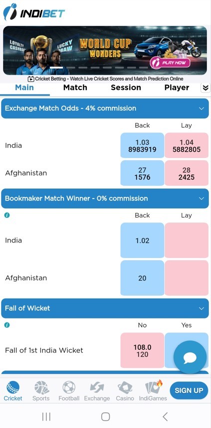 Odds on Indibet app