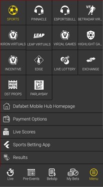 Menu screen on dafabet app