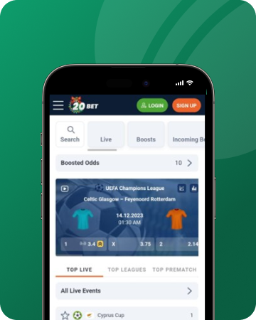 A screenshot of 20bet mobile app
