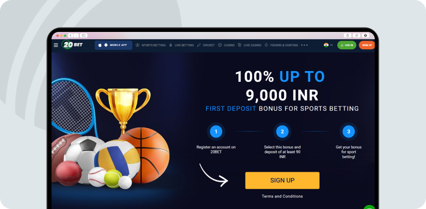 A screenshot taken from 20bet website showing the welcome offer for India