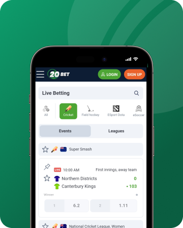 A screenshot of 20bet mobile app