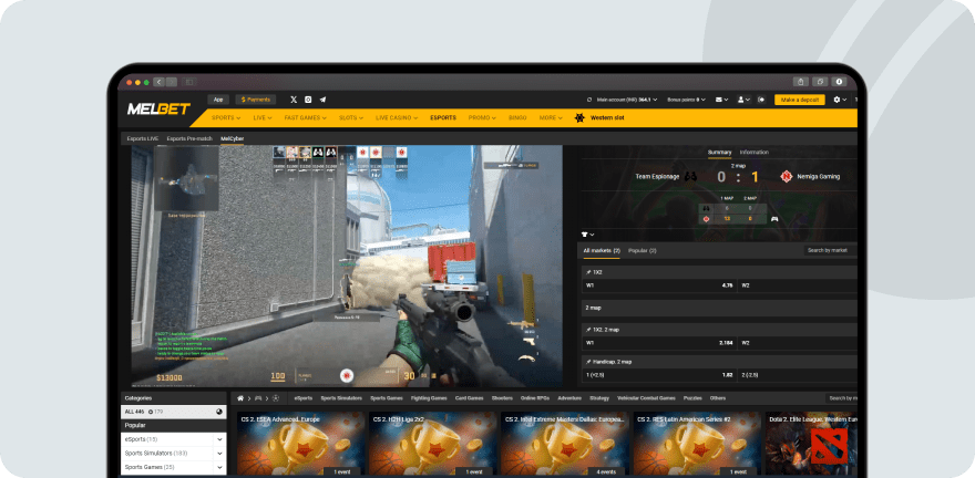A screenshot showing live esports on Melbet