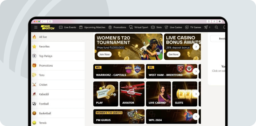 A screenshot from Parimatch website showing the welcome offers