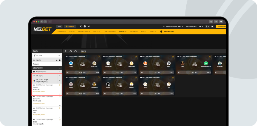 Esports market on melbet website