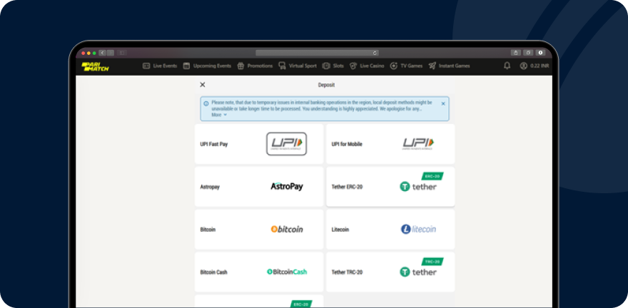 Payment metods list on Parimatch